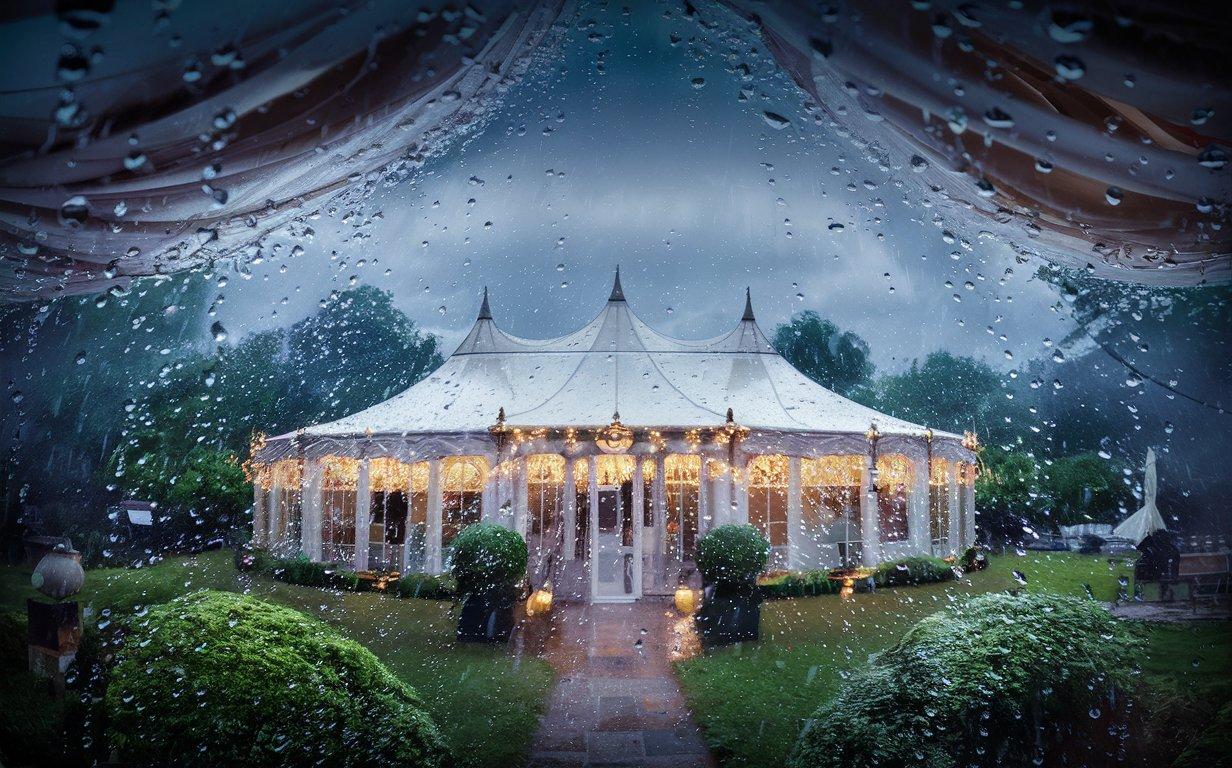 beautiful marquee in the garden while weather is raining